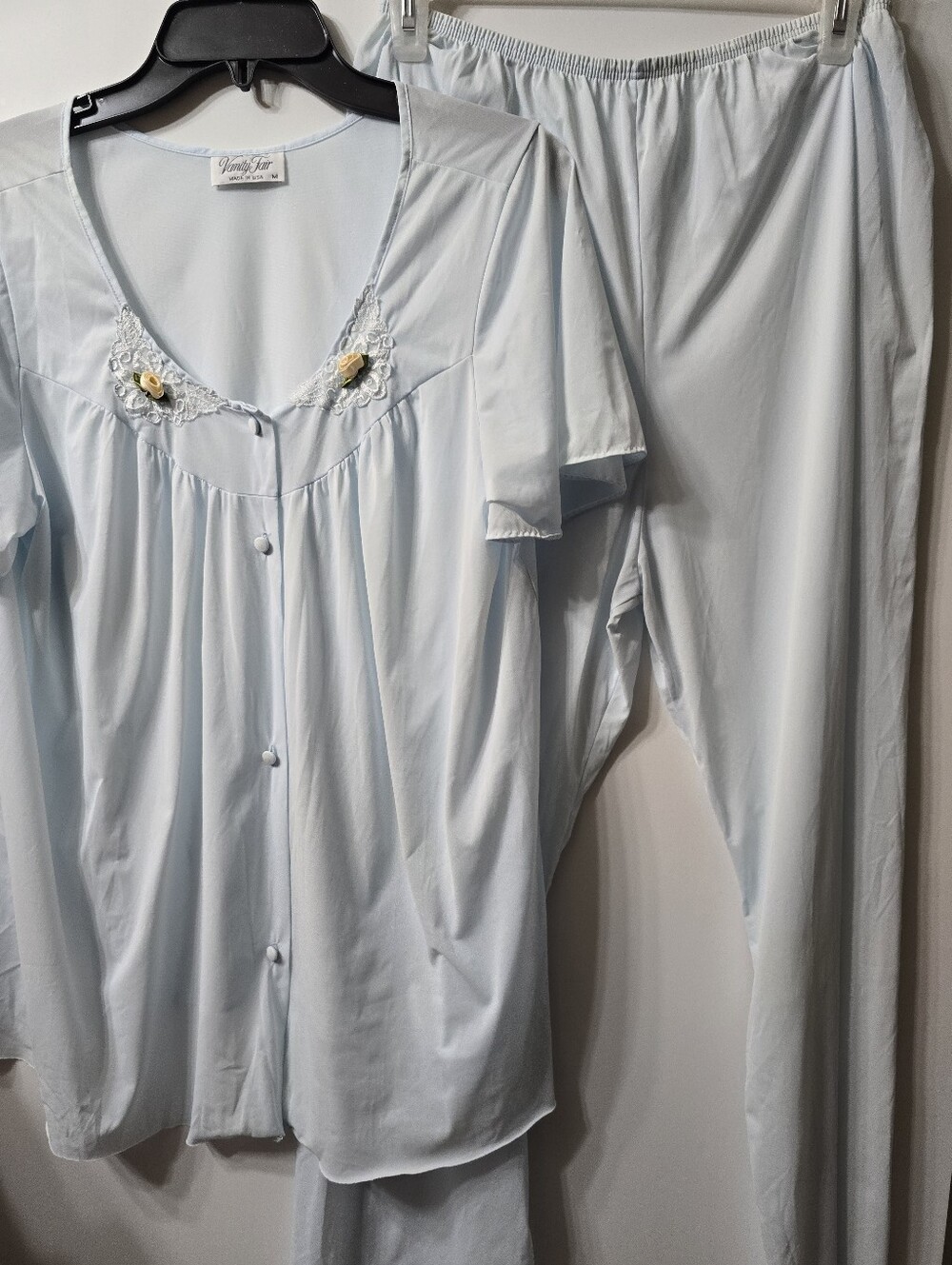 Vanity Fair Light Blue Two-Piece Pajama Set with Floral Trim